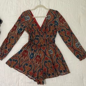 Paisley print long sleeves romper  open back concealed zipper and orange lining